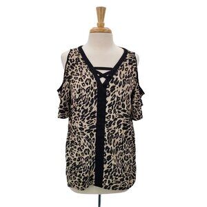 Chico's Womens Leopard Print Cold Shoulder Blouse Top Size 1 (M) V-Neck Career